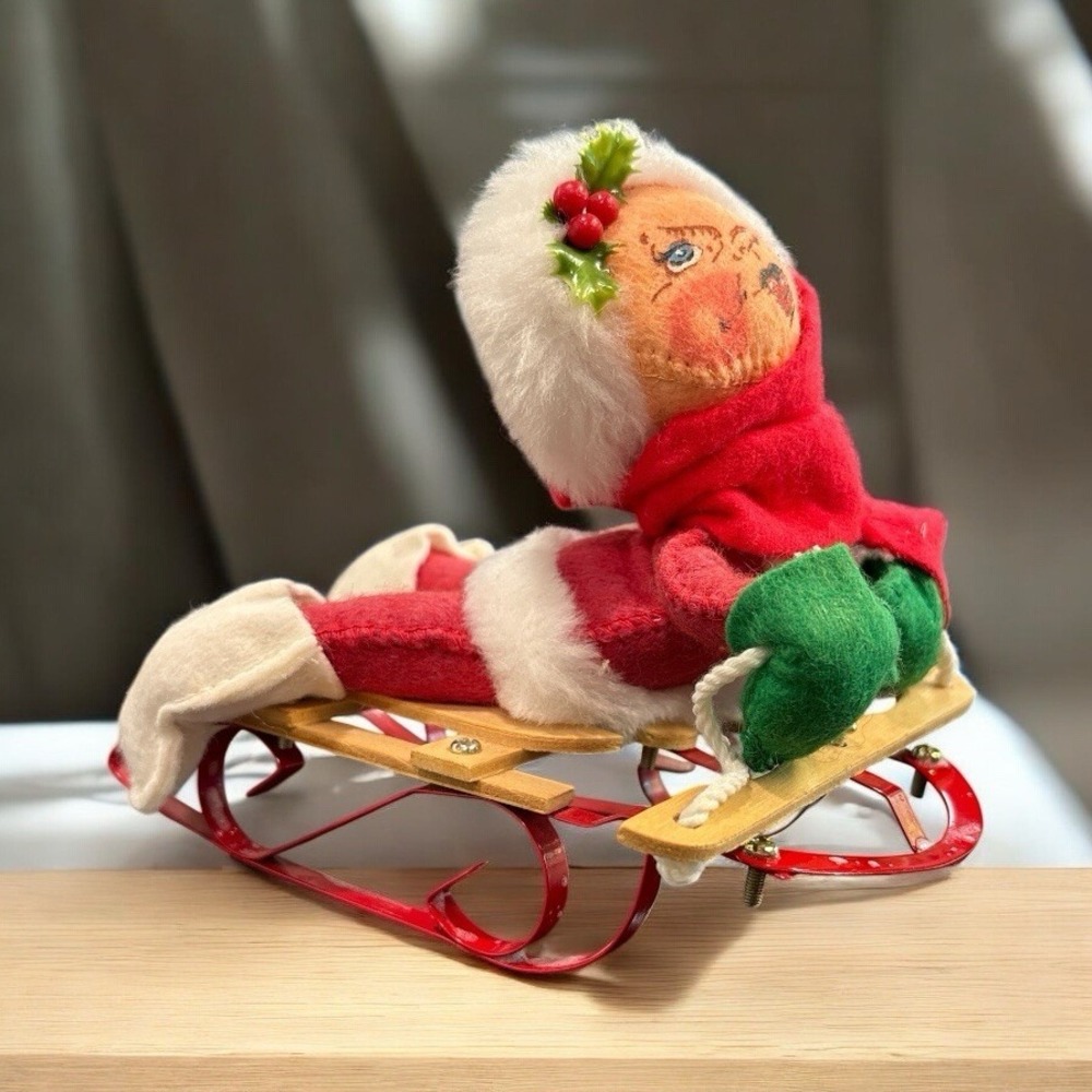 VTG 70s Annalee Doll Christmas Child on Sled Blonde 1971 Mobilitee Snow Holiday